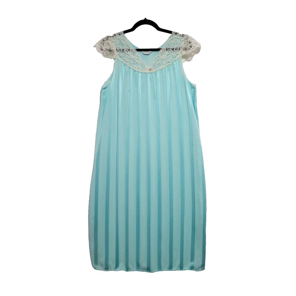 Vassarette Vtg Midi Satin Nightgown L Blue Monochrome Stripe Lace Cap Sleeve Fem